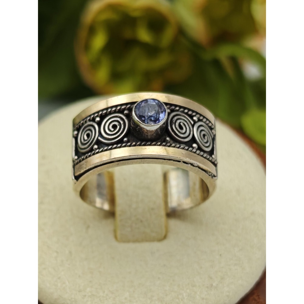 Artisan Etruscan Handmade Ring Women Size 6 Silver Gold Amethyst Swirl Engraved
